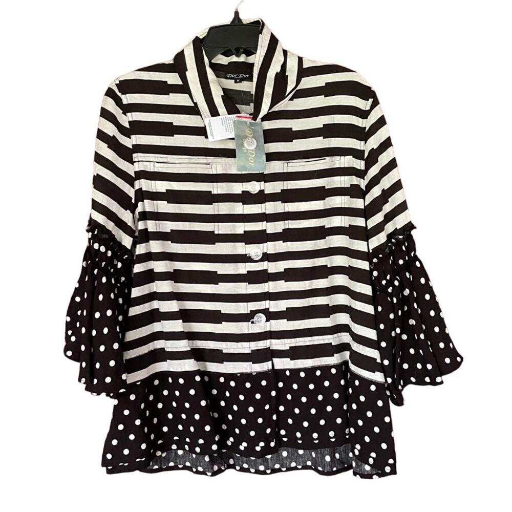 Dor Dor Couture Top Tunic M Polka Dot Striped ButtonUp Black White Mixed Media